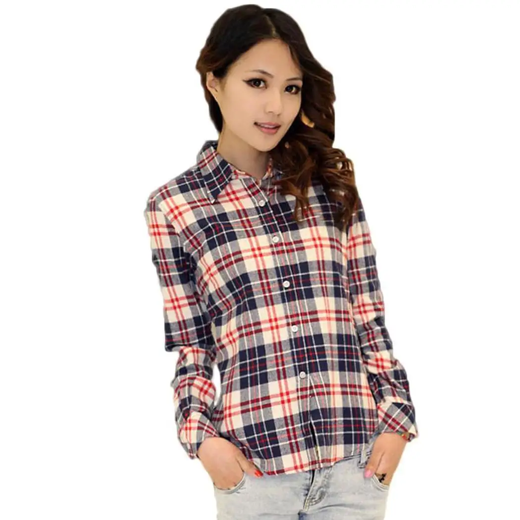 

Women Casual Turn-down Collar Long Sleeve Single Breasted Plaid Regular Spring, Autumn Shirt Loose