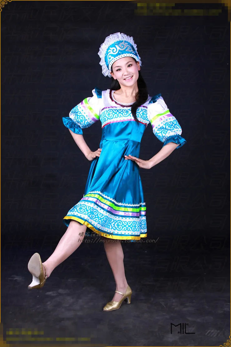 Традиционный русское платье костюм для женщин макси платья Национальный российский Танцы костюмы белого и синего цвета длинное платье+ Головные уборы