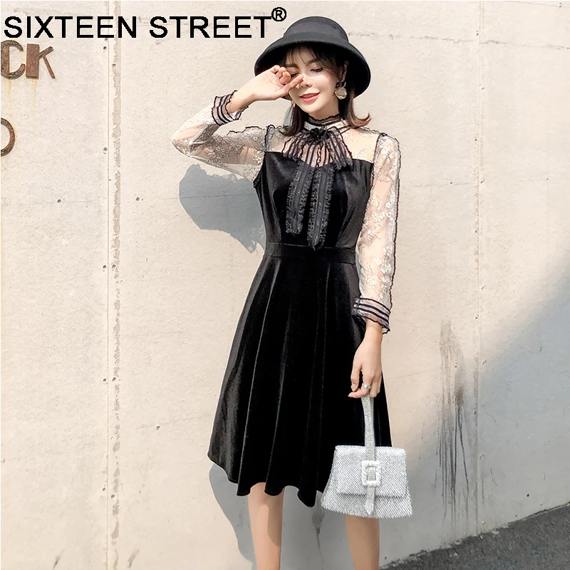 

New autumn long sleeve velvet dress woman bow neck lace embroidery elegant mid vestidos render casual black velvet dresses