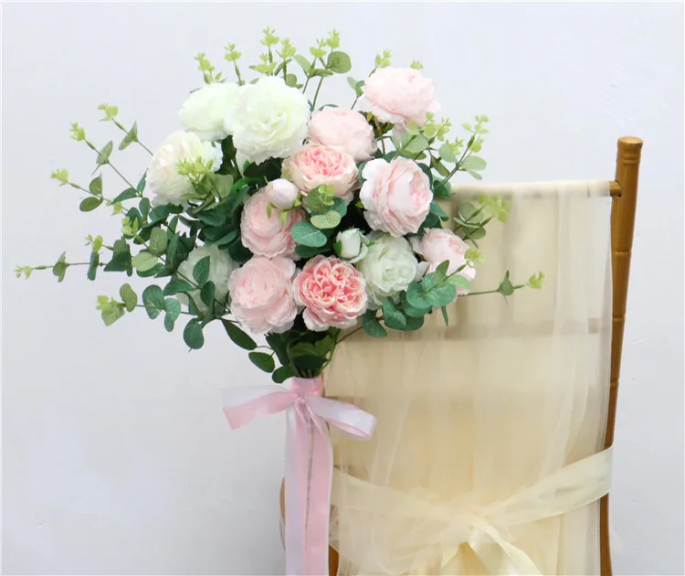 Искусственный букет невесты ручной работы на стул с открытой спиной цветок для церковного банкета Свадебный декор букет цветов+ чехол на стул пряжа гирлянда Роза
