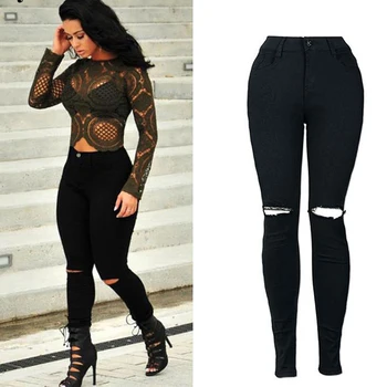 

New White Hole Ripped Jeans Women Cool Denim High Waist Elastic Pants Capris Female Skinny Black Casual Pencil Jeans