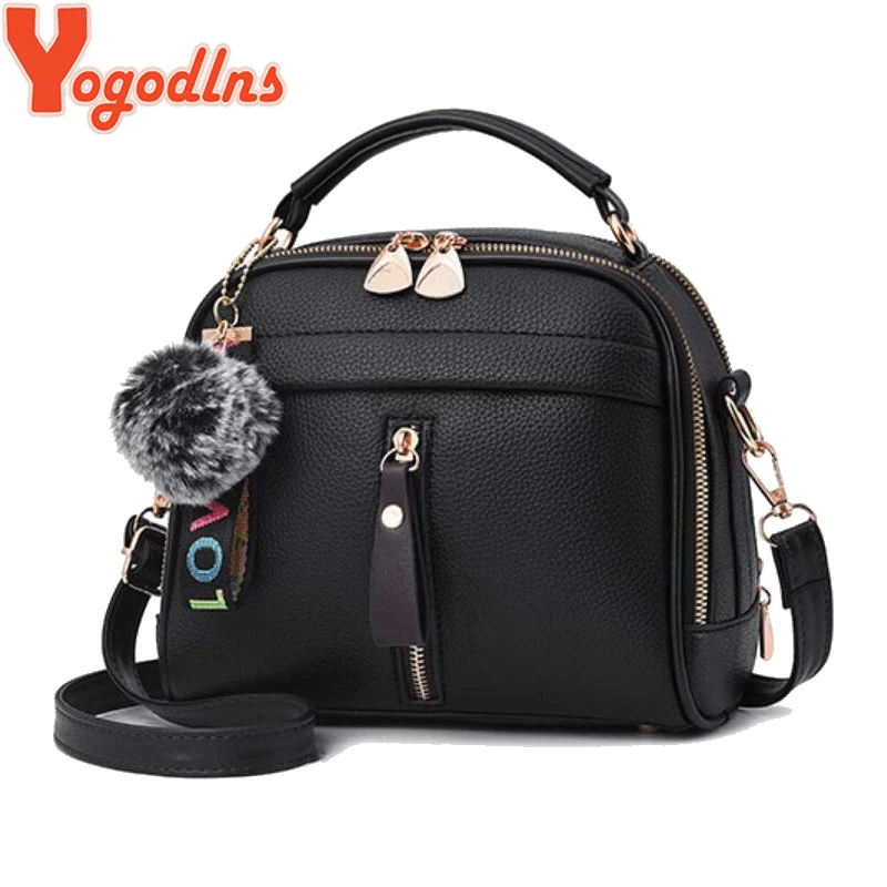 Price Yogodlns Fashion high quality PU Leather Shoulder Bags for Women Solid color feminina Handbag Hair ball ornaments crossbody bag