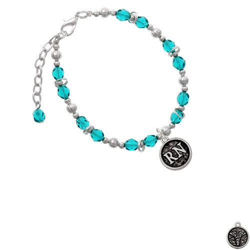 Silvertone Nurse Caduceus Seal - RN Teal Beaded Bracelet