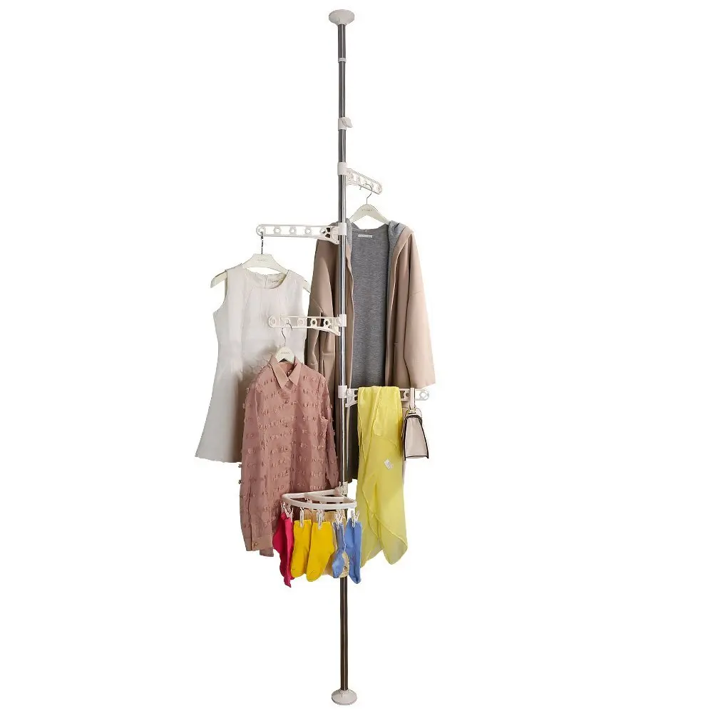 Corner Coat Hanger Pole Clothes Hat Stand Tension Rack Hooks Clips