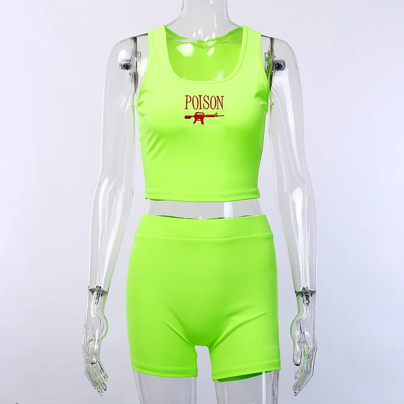 

2019 NEW Poison Letter Printed Rose Red Casual Tracksuits Women Summer 2 Piece Sets Tank Top And Biker Shorts Set Active Wear