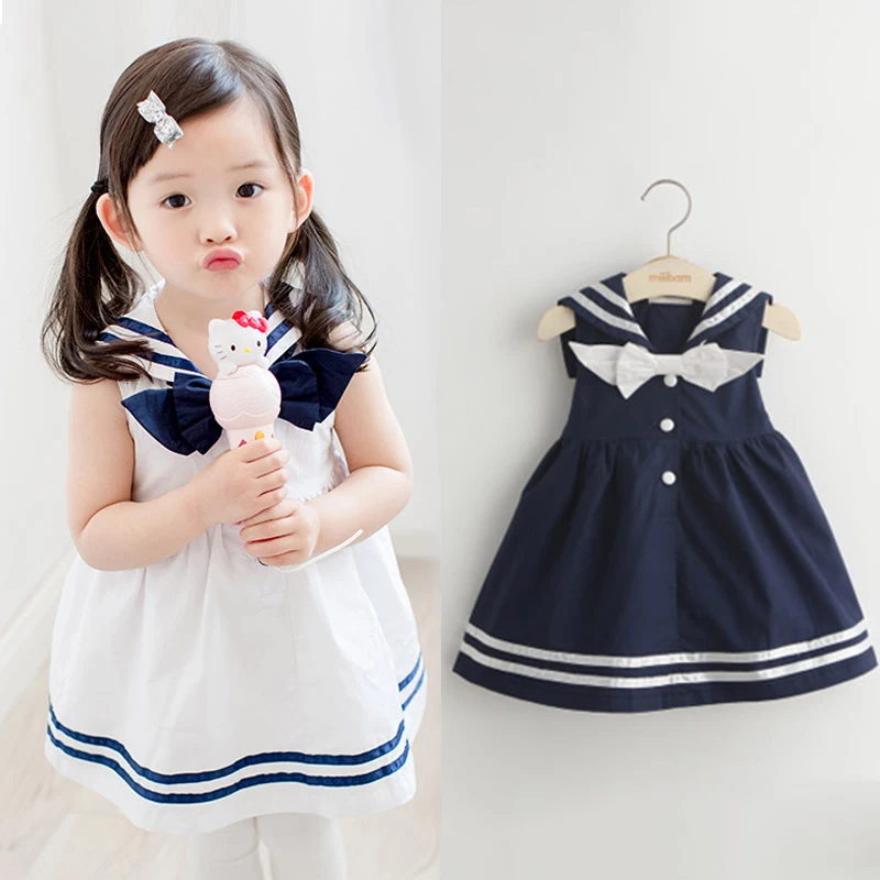 2021 Summer 2-10T Years Children Sweet Sleeveless Vest Bow Sailor Collar Navy Blue White Patchwork Little Kids Girls Dress | Детская