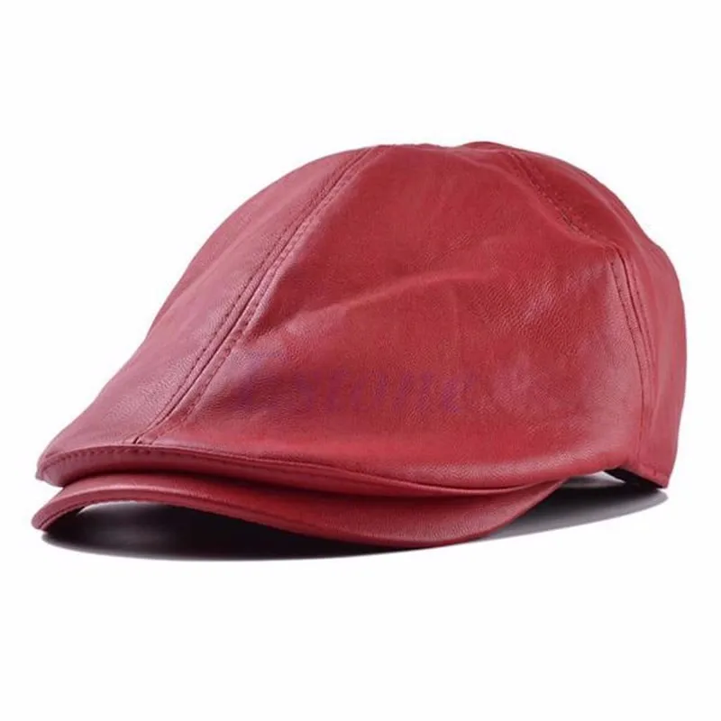 Мужская кепка плюща искусственная кожа баннет газетный берет таксиста в стиле Гэтсби, плоская шляпа - Цвет: Красный