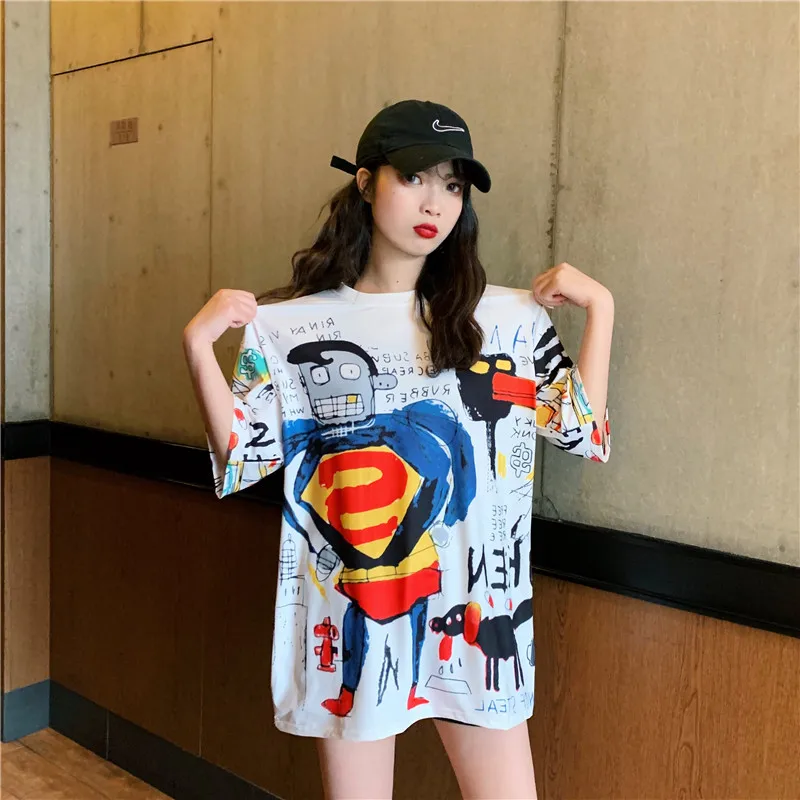 

Novelty Brand Summer Girl's Loose T-shirt Japan Harajuku Cartoon Graffiti Superman Loose Korean Tops Tees Women Printing T shirt