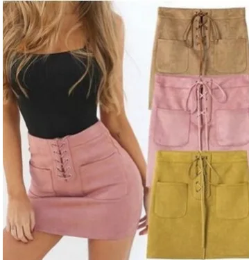 

New Euro-American High Waist Pure-color Leather-like Velvet Double-pocket Rope-wrapped Hip Hemisphere Skirt