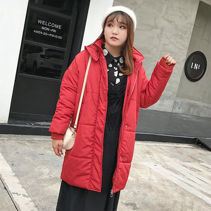 

2018 Winter New Fat mm Large Size Women's Solid Color Hooded Authentic Cotton Clothes Slim Thin Woven Cotton Coat