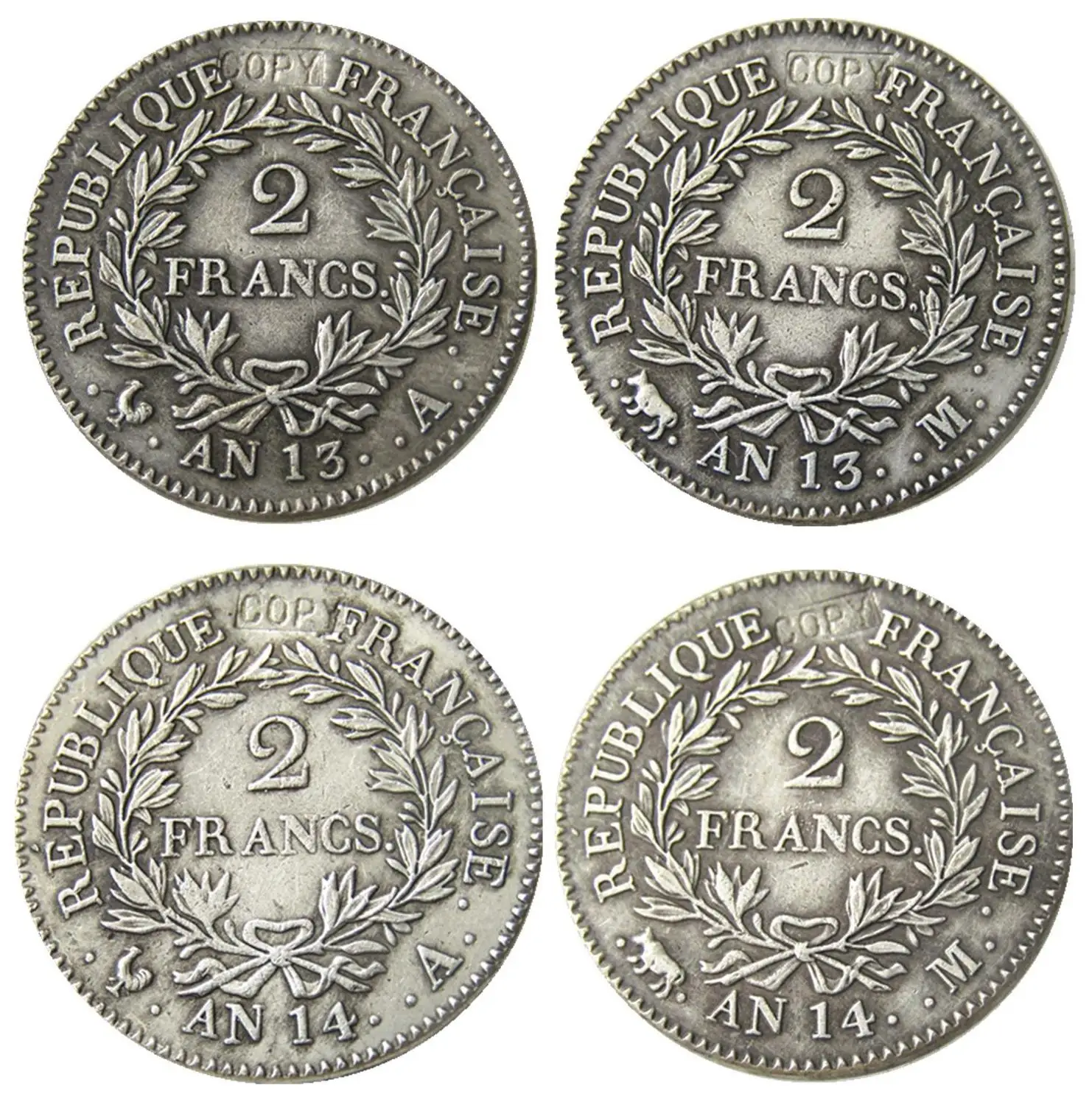 

France A Set Of(AN13 A M AN14 A M) 4pcs 2Francs Silver Plated Copy Coins
