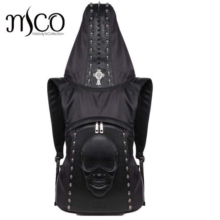 

2017 Fashion Personality 3D skull leather backpack rivets skull backpack with Hood cap apparel bag cross bags hiphop man Cool
