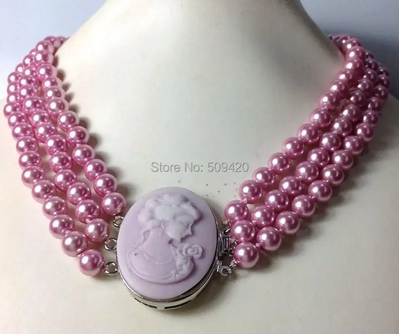 

Wholesale>> Noble 8mm purple freshwater pearl shell three rows necklace 17''-19''