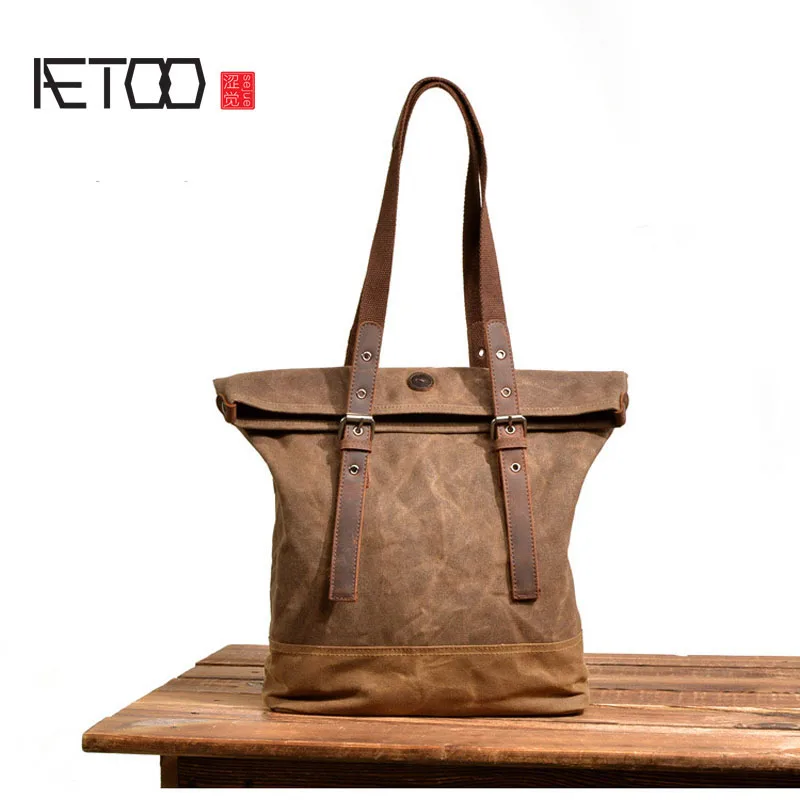 

AETOO Europe and America oil wax canvas handbag retro shoulder Messenger bag women large capacity portable shopping bag simple