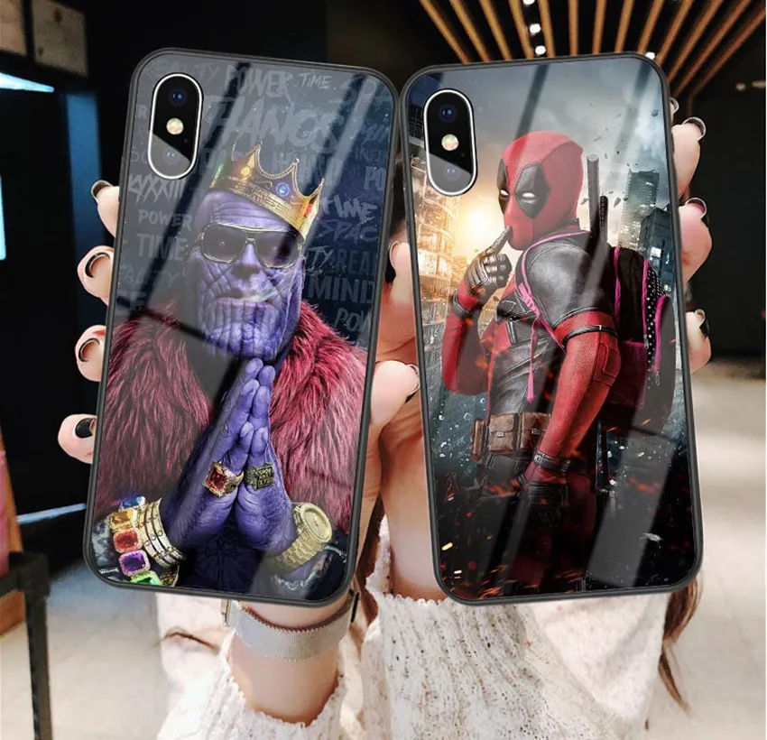 

Avengers Endgame Thanos Spider-man Glass Phone Case For iPhone 11 Pro Max Marvel Deadpool cool Soft Cover Case For iPhone 8 7 6 6s Plus X SX MAX XR Coque