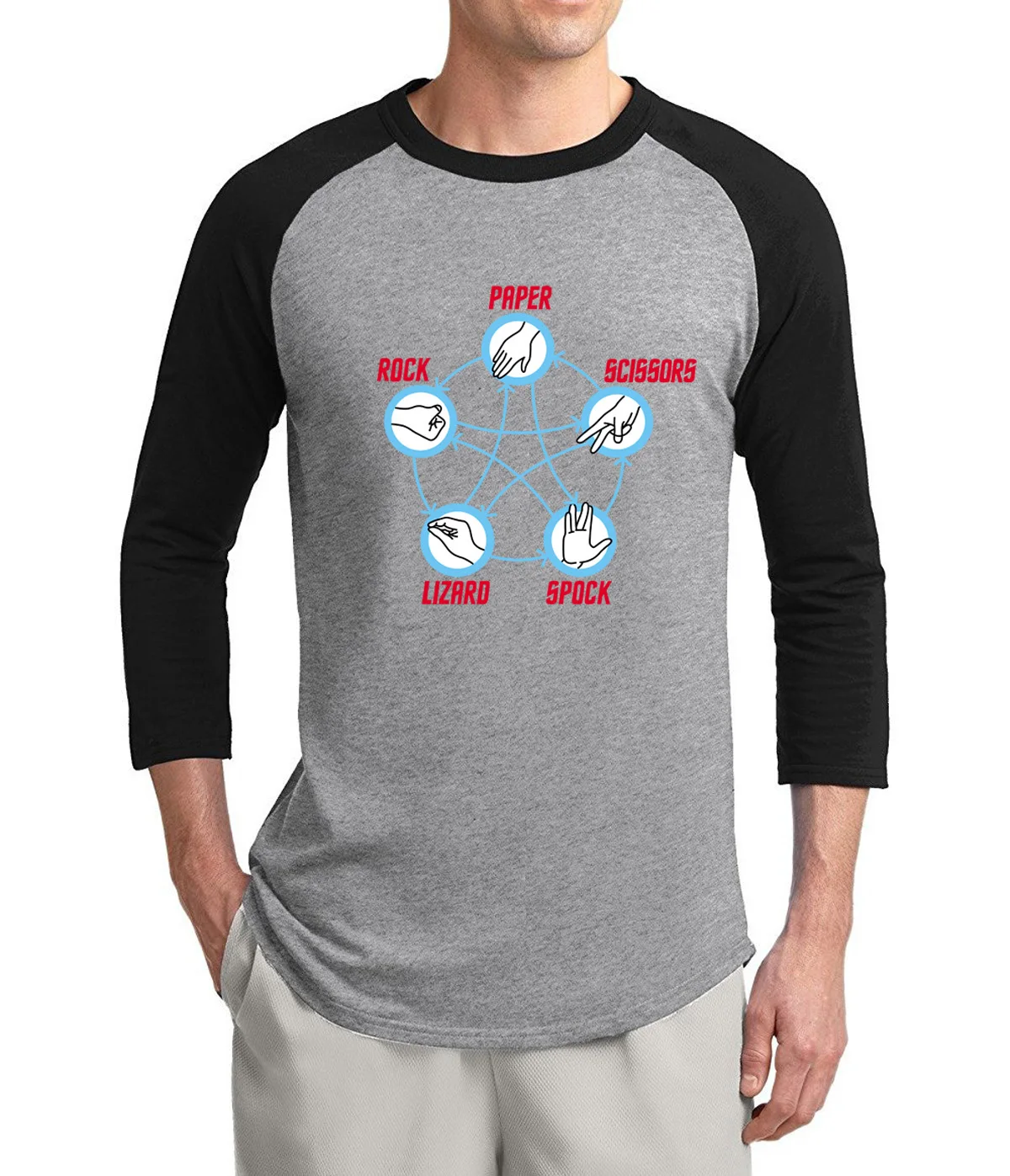

The Big Bang Theory Rock Paper Scissors Lizard game Sheldon tshirt 2019 summer 3/4 sleeve t shirts cotton raglan men t-shirt