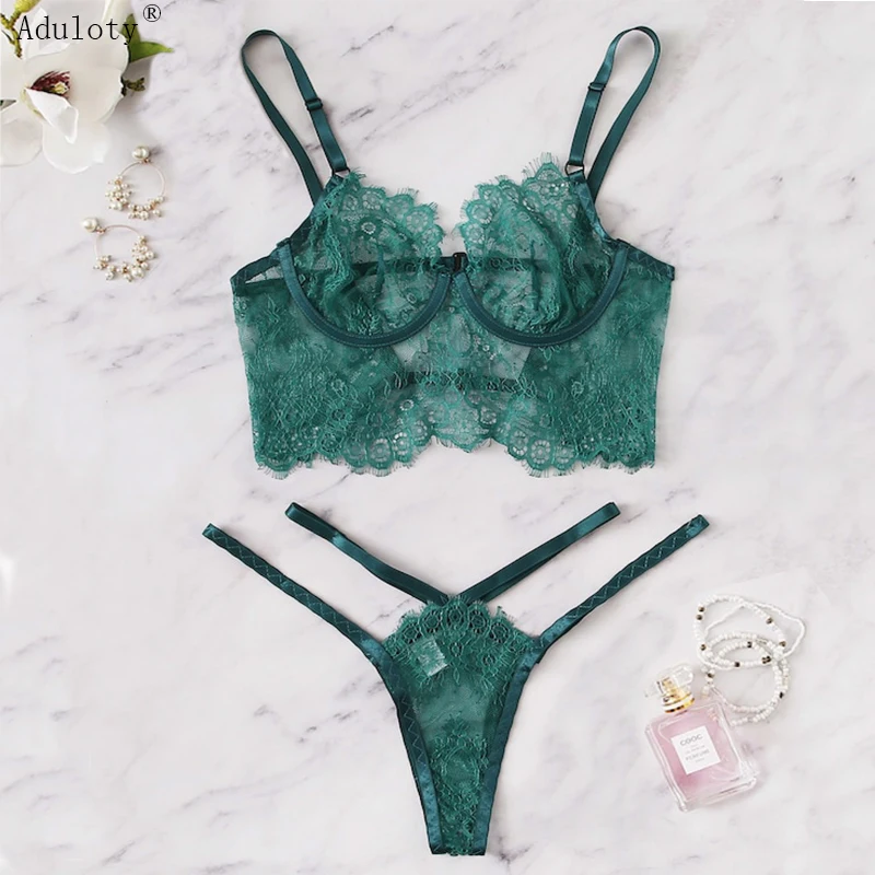

Aduloty Lace Lingerie Sexy Bra and Panties Set Women's Lace Caged Underwire Lingerie Set - Greenish Blue