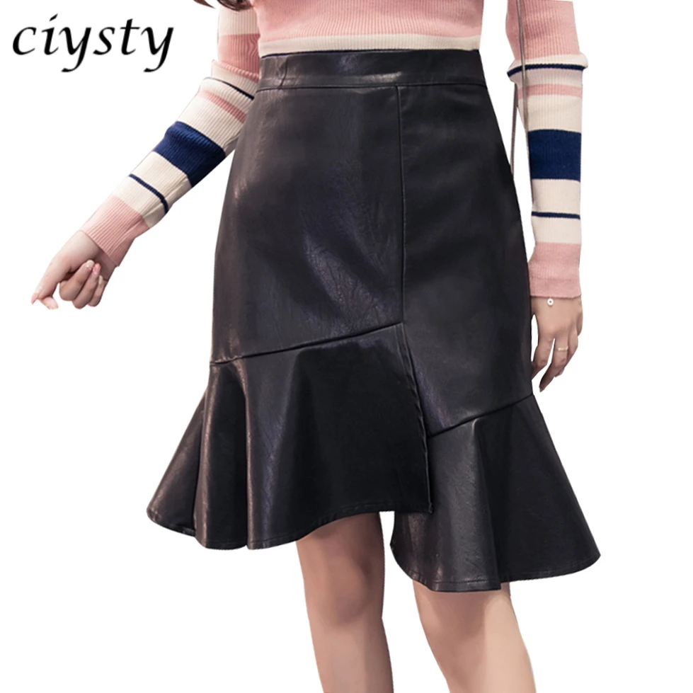 Ciysty Fashion Asymmetric Ruffle PU Skirt Womens High Waist Mermaid PU