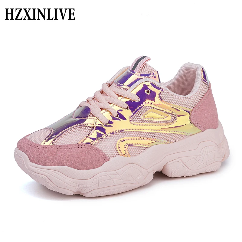 

HZXINLIVE Women Casual Shoes Fashion Breathable Mesh Bling Flat Chunky Shoes Summer Women 2019 Vulcanized White Sneakers Women