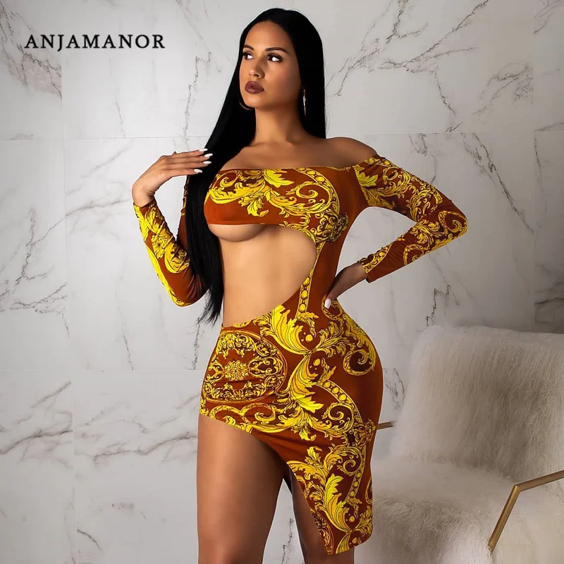 

ANJAMANOR Vintage Print Bodycon Bandage Dress Off Shoulder Cutout Slit Mini Sexy Dresses Woman Party Night Club Vestidos D91AB45