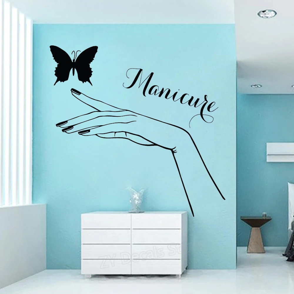 

Manicure Pedicure Wall Stickers Beautiful Girl Hand and Butterfly Vinyl Wall Decal for Beauty Salon Nail Salon Shop Sign Z928