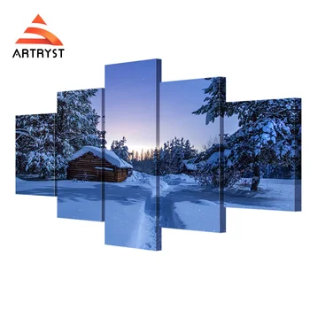 

5 Panel Modular Wall Art Winter Night Snow House Landscape Poster HD Print On Canvas Modern Home Quadros Decor Canvas Painting