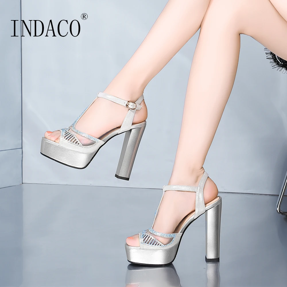 

Women Summer Shoes Platform Sandals Jelly Leather High Heels Ankle Strap Sandals Black Silver 12cm