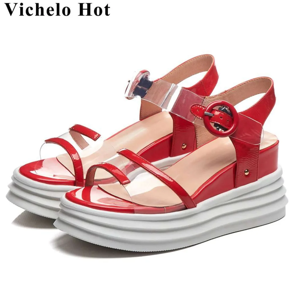 

Vichelo Hot new fashion natural leather women sandals buckle strap wedges platform transparent pvc material peep toe shoes L9f8