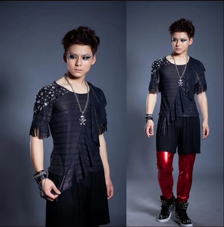 Черный Нерегулярные модные панк тонкий сексуальный рубашка мужские футболки с коротким рукавом для подростков в Корейском стиле рубашка