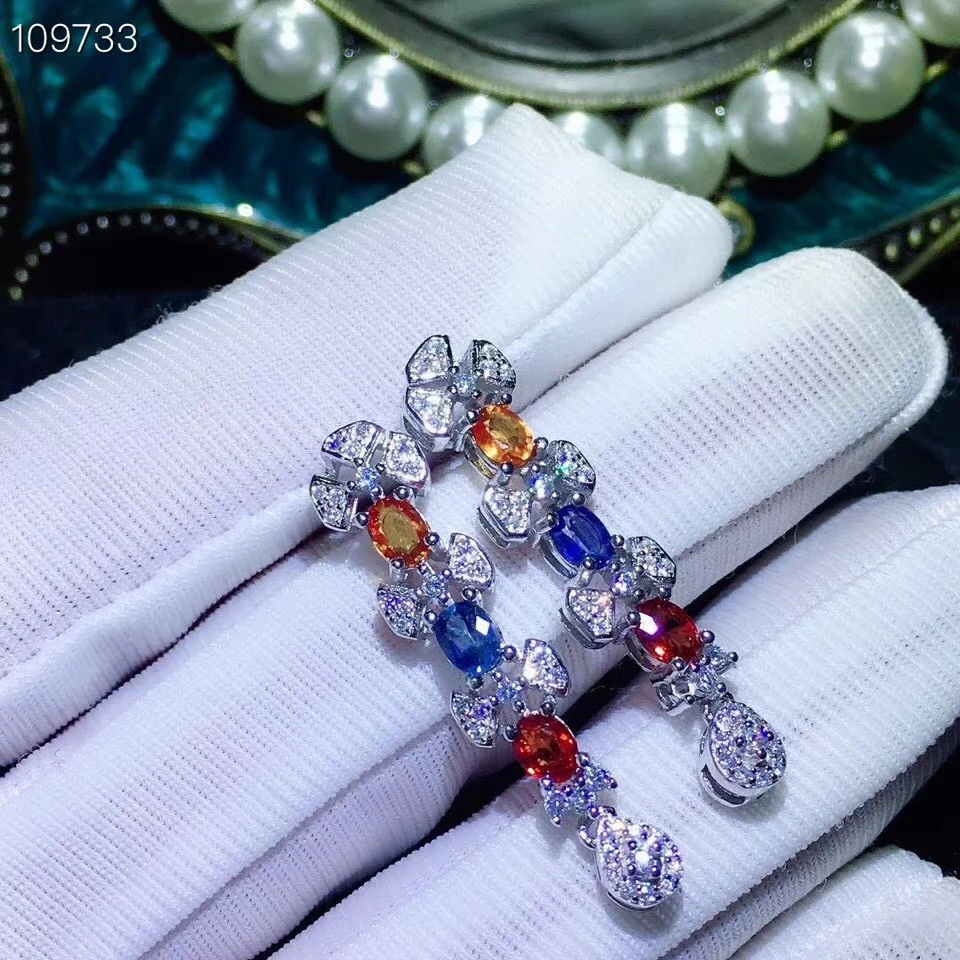 Природный многоцветный сапфировые серьги S925 серебра, природных драгоценных камней серьги женские роскошные длинные линия бантом женские