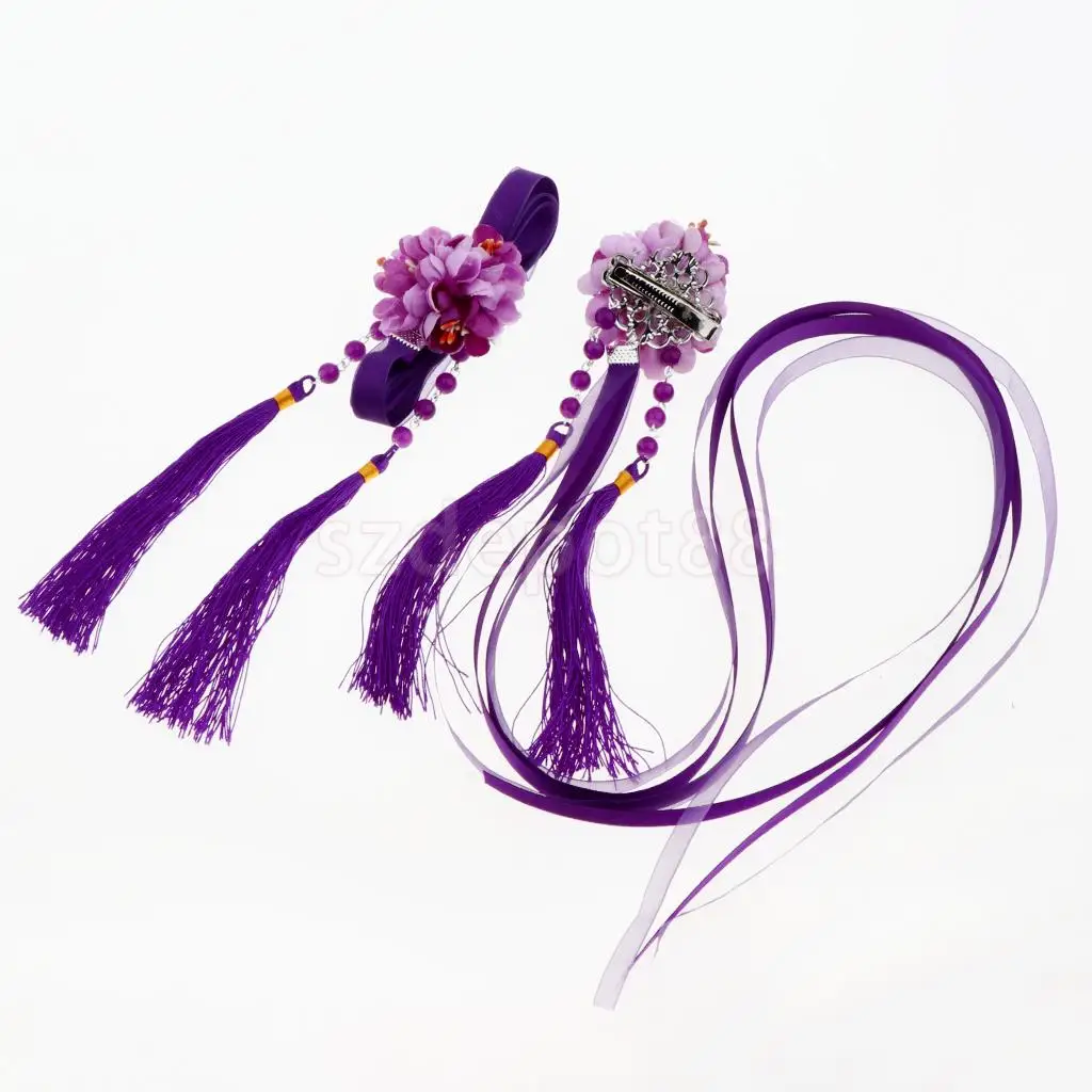 Ribbon Flower Chain Tassel Ancient Chinese Headdress Clip & Beads Dangle Earring Set Bridal Wedding Cosplay Party Hair Jewelry