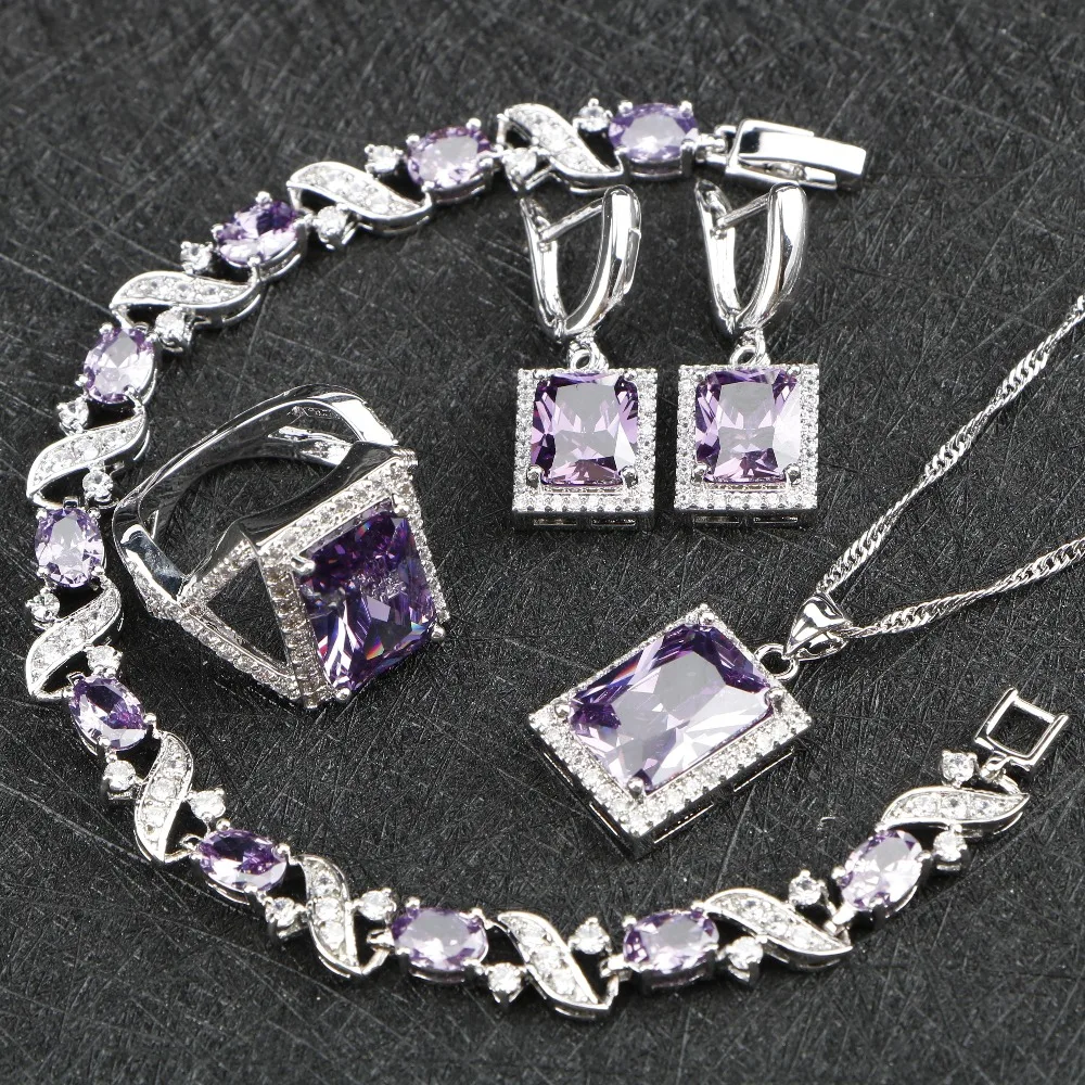 

Charm 925 Sterling Silver Women Jewelry Sets Luxury AAA+ Purple Stones CZ Necklace Earrings Ring Bracelets Wedding Jewelry Set