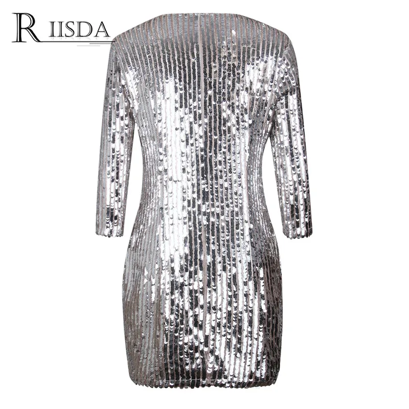 RIISDA Для женщин 2018 Платья для вечеринок Bling блесток Bodycon Sexy v образным вырезом
