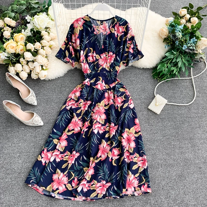 

Vintage Boho V Neck Summer Floral Print Chiffon Midi Long Dress Party Women Casual Retro Beach Holiday Bohemian A-Line Vestidos
