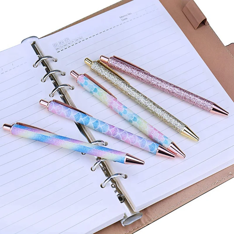 Шариковые ручки, 5 шт., выдвижные черные чернила для ручки, средняя точка (1,0 мм), шариковые ручки, розовое золото, офисные принадлежности для