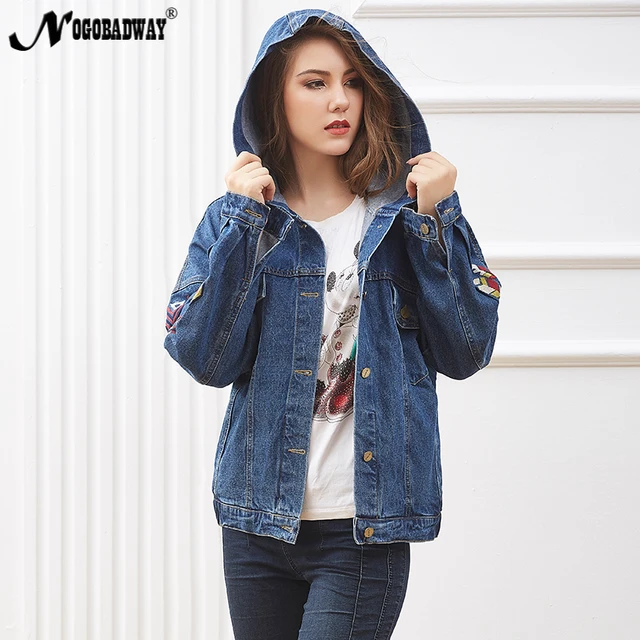 Buy Embroidered hooded jean jacket women autumn denim