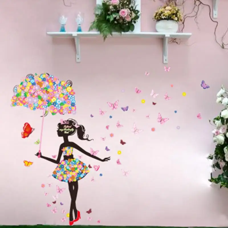 Цветок девочка зонтик наклейки на стену Декор для дома|mural wall|home decor wall muralsflower mural |