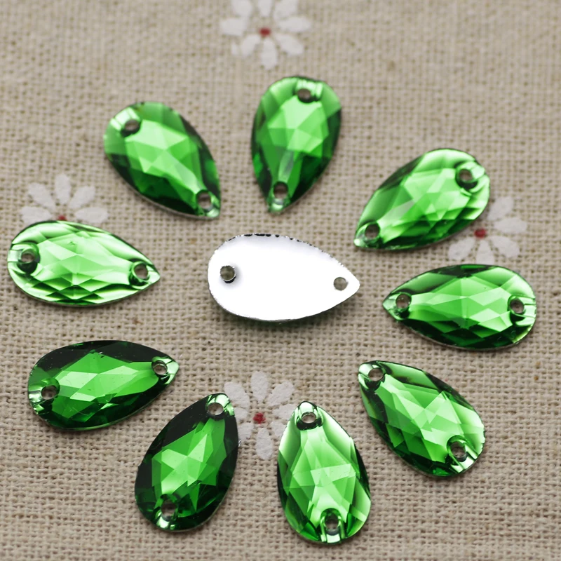 

100pcs 10.5*18mm Green Resin Sew on Rhinestones Waterdrop Silver Flatback Droplet Sewing stones 2 holes For Dress Decoration