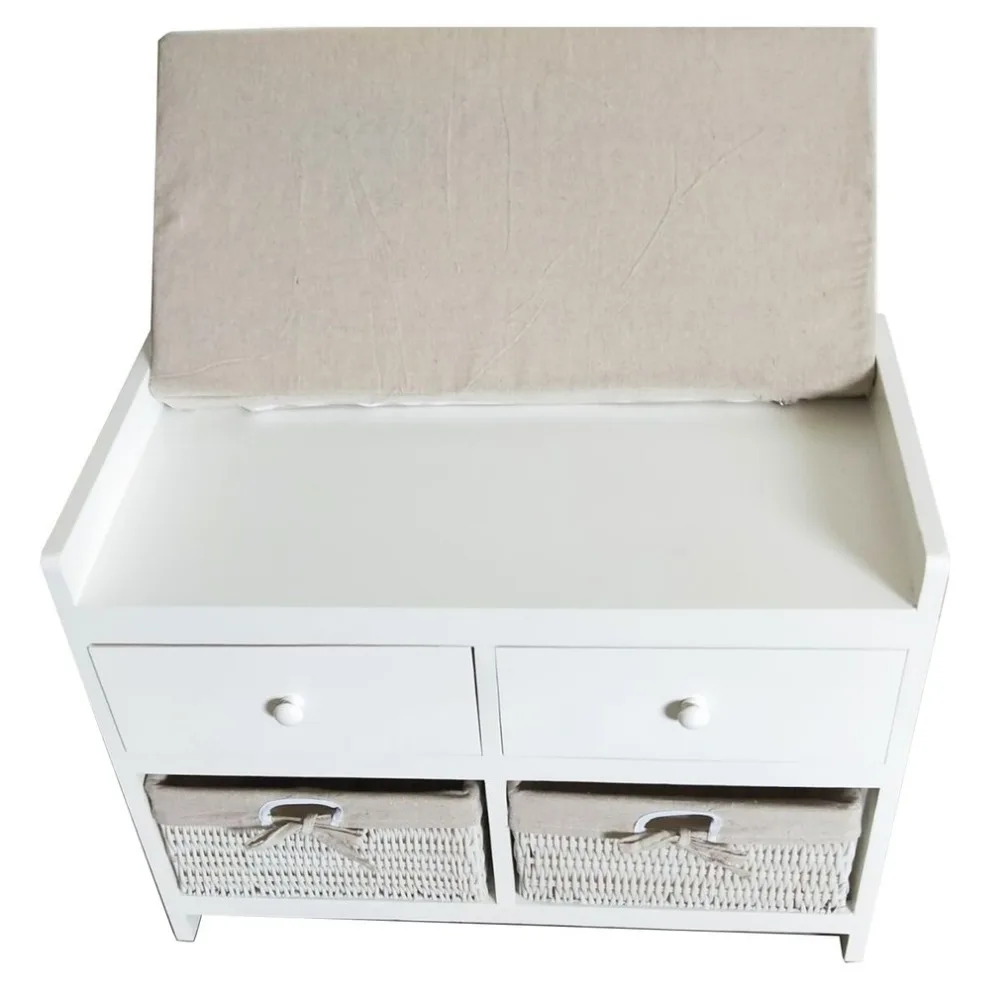 

2 Drawers Rattan Basket Bench Stool Durable Wooden Storage Bench Seat Allway Bathroom Wicker Shoes Collection Cabinet