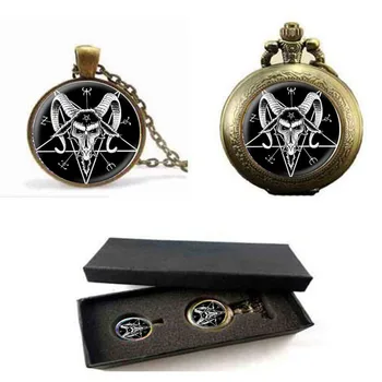 

3 Colors Baphomet Inverted Pentagram necklace goat head pendant glass dome Baphomet Jewelry women men pocket watch with free box