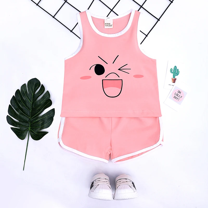 cartoon girls sets summer kid girl clothes sleeveless vest tops+shorts pink toddler clothing kids outfits o-neck