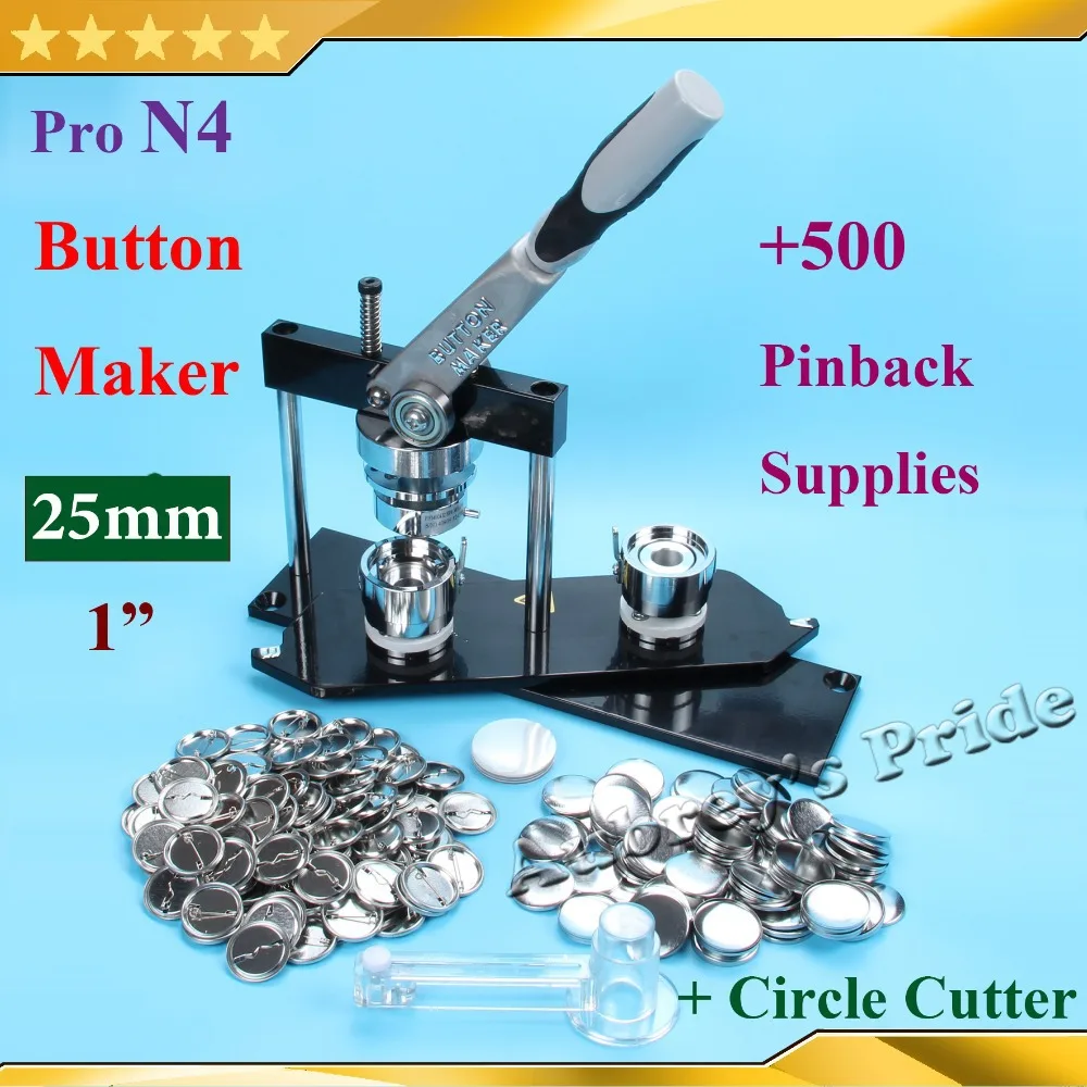

NEW Pro N4 1":25mm Badge Button Maker Machine + Adjustable Circle Cutter+500 Sets of Metal Pinback Button Supplies
