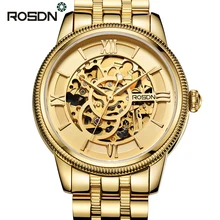 ROSDN Men Automatic Mechanical Watches Top Brand Luxury Sapphire Crystal Gold Skeleton Watch Men Full Steel Military Army Watch