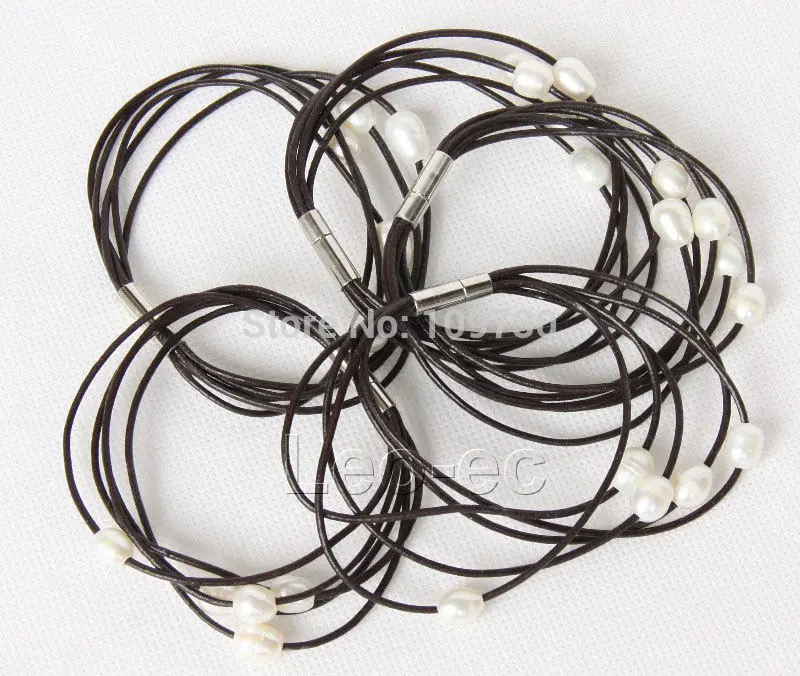 

001012 5 piece 5row white pearls wine red leather bracelet