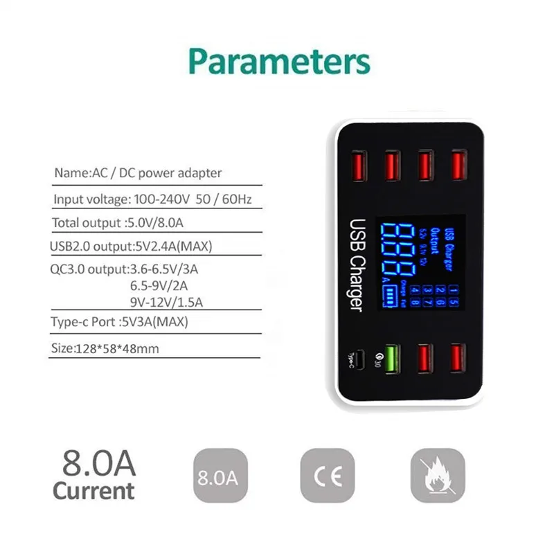 8 портов мульти быстрое USB зарядное устройство Быстрая зарядка 3,0 несколько USB зарядная станция для телефона универсальное usb-хаб зарядное устройство QC 3,0 светодиодный дисплей
