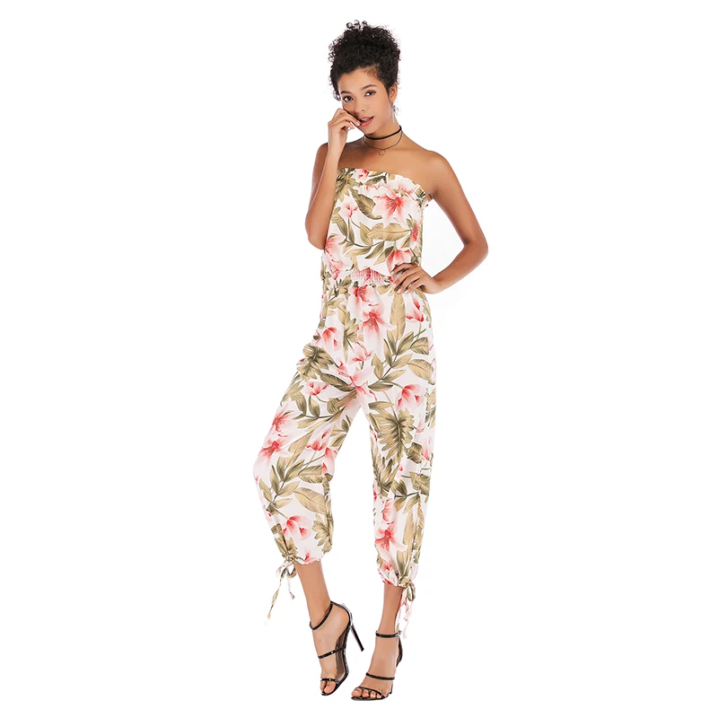 

Rompers Women's Jumpsuit One-Neck Collar Backless Cropped Trousers Printed Chiffon Overalls Floral Female Wrap Playsuiit Beach