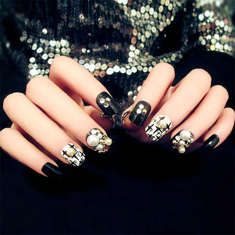

Ladies Sexy Black Color False Nail Girls 3D Rhinestones Pearls DIY Fake Nail Full Cover Short Size Nail Art Tips with Glue