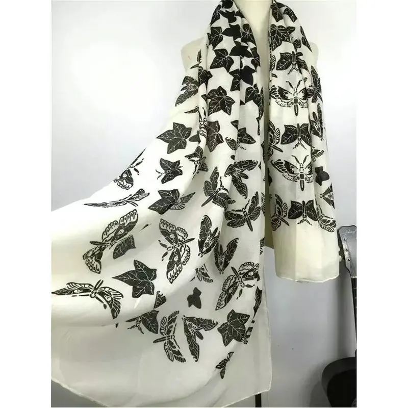 Woman Ethic Hijab Scarf Black White Navy Butterfly Printed Shawl