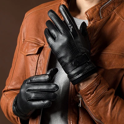 Новинка, осенние модные мужские кожаные перчатки, козья кожа, ремень, кнопка, мужские варежки, плюс бархатные теплые перчатки для мужчин, перчатки для вождения на открытом воздухе - Цвет: black