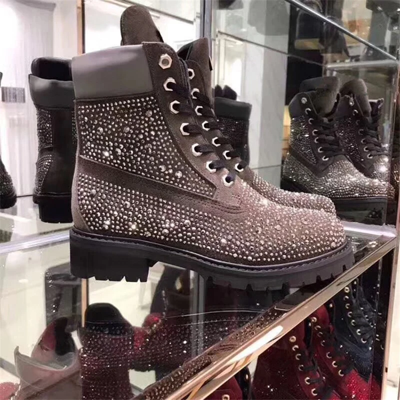 

Luxury Crystal Women Ankle Bootes Genuine Leather Lace Up Martin Boots For Women New Spring Winter Flats Bootes zapatos de mujer